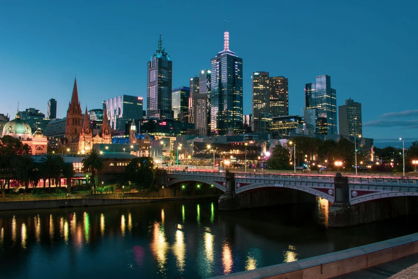 Melbourne skyline and Princes Bridge reflected in the Yarra River at dusk